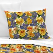 Nostalgic Yellow Pierre-Joseph Redouté  Roses,Purple Clematis, Antique Flowers Bouquets, vintage home decor,  English Roses Fabric