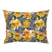 Nostalgic Yellow Pierre-Joseph Redouté  Roses,Purple Clematis, Antique Flowers Bouquets, vintage home decor,  English Roses Fabric
