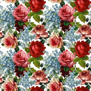 Mystic Nostalgic Red Roses And blue Forget-Me-Not Flowers, Antique Bloom Bouquets, Vintage Home Decor,   English Rose Fabric 