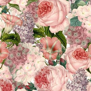 18"  Pierre-Joseph Redouté Roses, Hydrangea and Lilac,  english rose fabric,