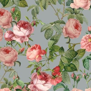 Nostalgic Peach And Red  Pierre-Joseph Redouté  Roses,Antique Flowers Bouquets, vintage home decor,  English Roses Fabric grey