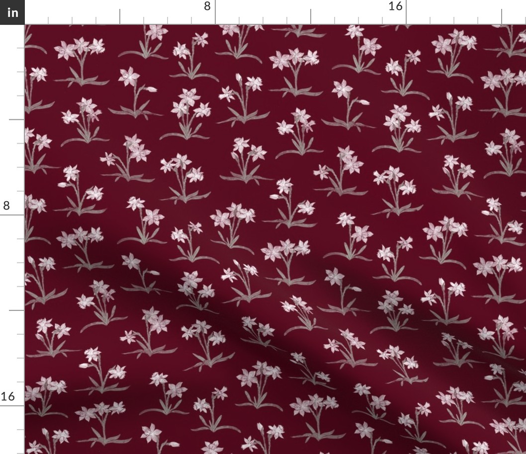 tiny Christmas narcissus on deep burgundy red (5a001c)