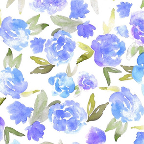 Watercolor Floral - Blue - Larger Scale