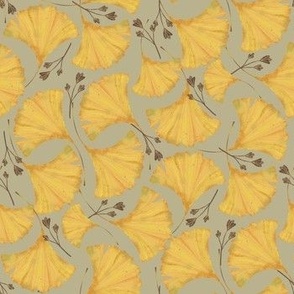 Gingko yellow leaves in gouache and watercolor on grown background