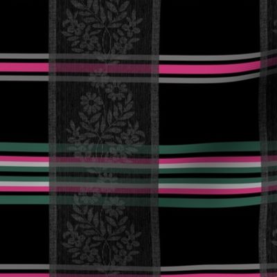 Victorian Stripes with Floral Ribbon ~ Black Grey