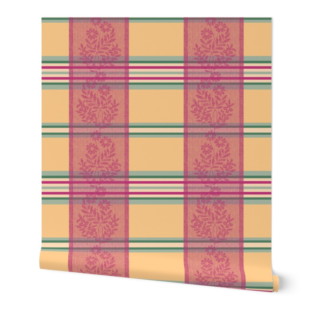 Victorian Stripes with Floral Ribbon ~ Yellow Pink