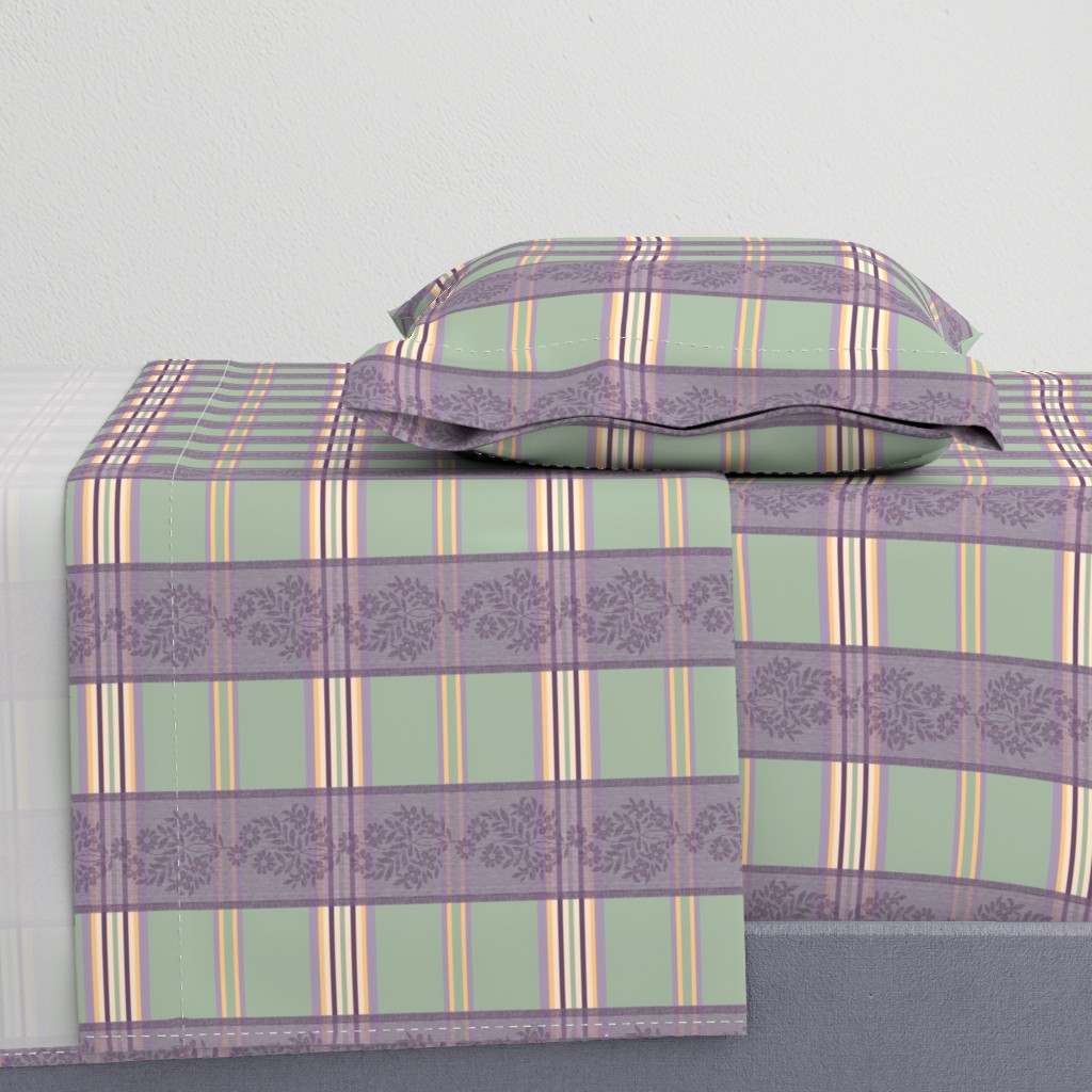 Victorian Stripes with Floral Ribbon ~ Green Purple