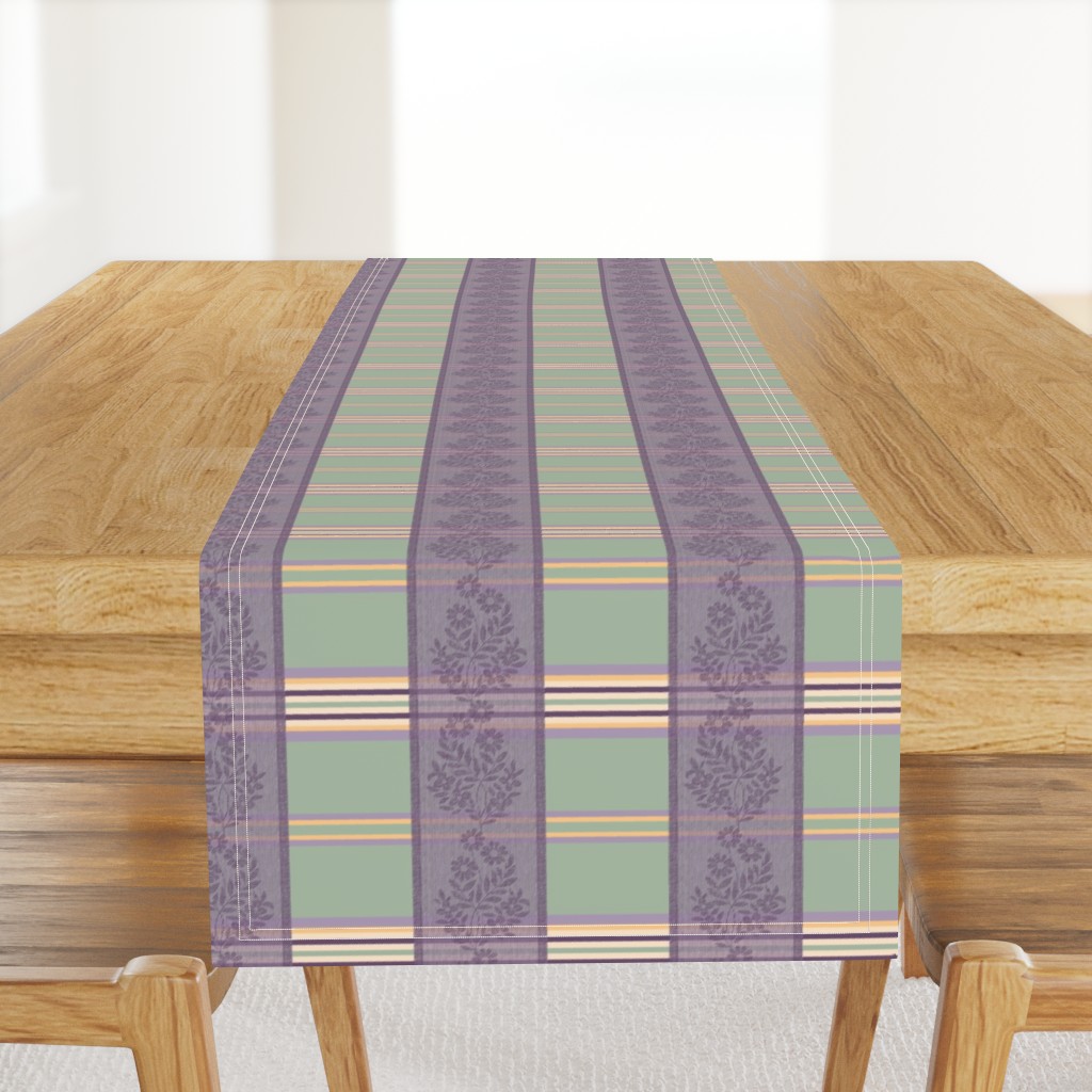 Victorian Stripes with Floral Ribbon ~ Green Purple