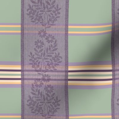 Victorian Stripes with Floral Ribbon ~ Green Purple