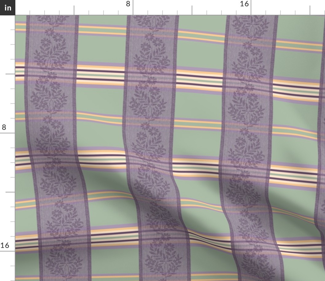 Victorian Stripes with Floral Ribbon ~ Green Purple