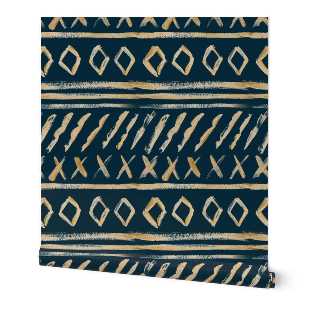 Gold Watercolor Mud Cloth // Tiber Navy // Large