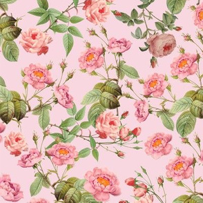 18" Mystic Nostalgic Pierre-Joseph Redouté Pink Roses Flowers, Antique Bloom Bouquets, Vintage Home Decor,   English Rose Fabric - pink