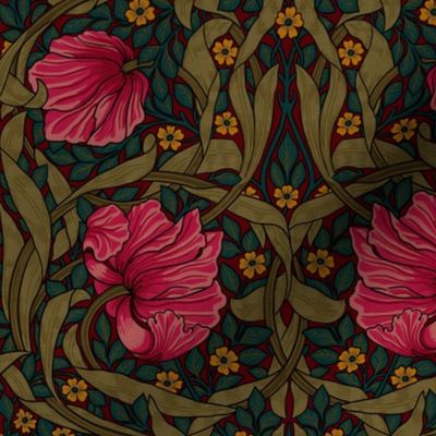 Pimpernel - SMALL 10"  - historic reconstructed damask wallpaper by William Morris -  autumnal teal sage and pink on red antiqued restored reconstruction art nouveau art deco  - linen effect  