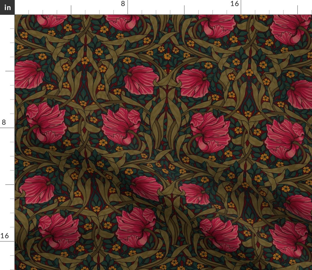 Pimpernel - SMALL 10"  - historic reconstructed damask wallpaper by William Morris -  autumnal teal sage and pink on red antiqued restored reconstruction art nouveau art deco  - linen effect  