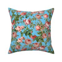 Nostalgic Peach And Red  Pierre-Joseph Redouté  Roses,Antique Flowers Bouquets, vintage home decor,  English Roses Fabric on Turquoise