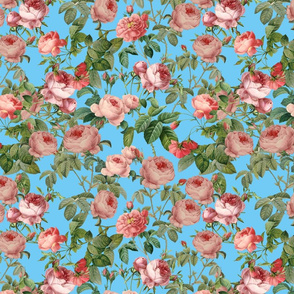 Nostalgic Peach And Red  Pierre-Joseph Redouté  Roses,Antique Flowers Bouquets, vintage home decor,  English Roses Fabric on Turquoise