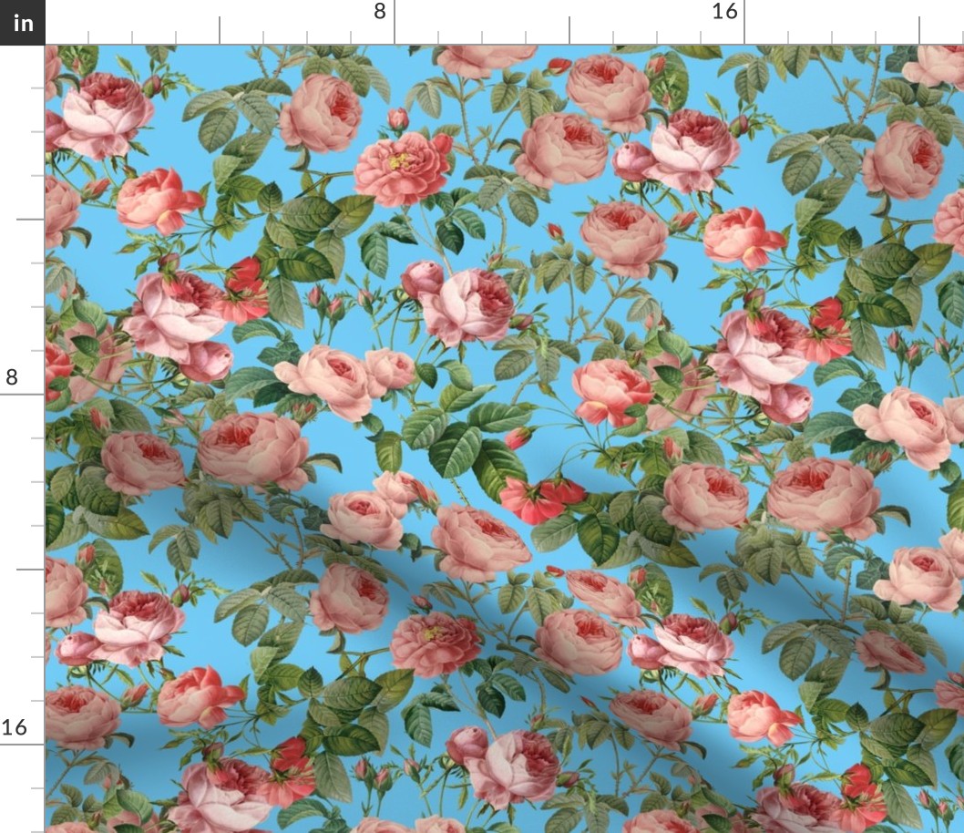 Nostalgic Peach And Red  Pierre-Joseph Redouté  Roses,Antique Flowers Bouquets, vintage home decor,  English Roses Fabric on Turquoise