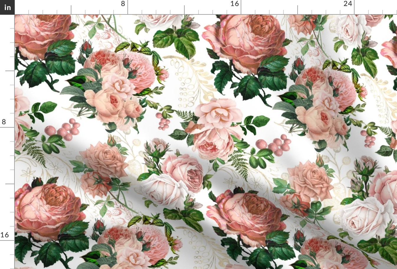 Mystic Nostalgic Peach And Red Roses Flowers, Antique Bloom Bouquets, Vintage Home Decor,   English Rose Fabric - white