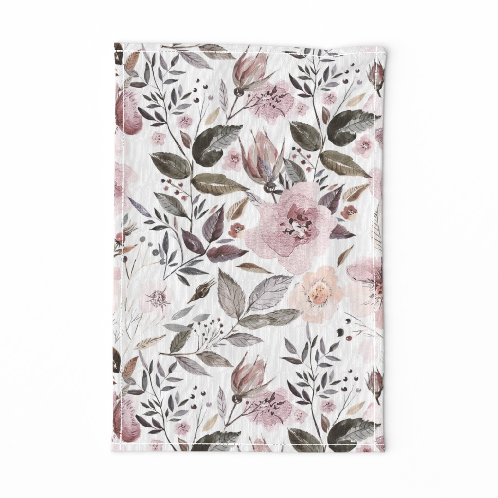 18" UtART - Autumnal Blush Light Pink Botany Watercolor Flowers on white, Nursery Autumn  Fabric, Baby Girl Fabric, perfect for kidsroom, kids room, kids decor Wedding