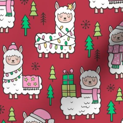 Holidays Christmas llamas Pink on Dark Red