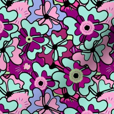 70s Boho Pink Purple Blue Scribbled Flowers 