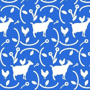 Goats and Hens, White Farm Animals on Blue