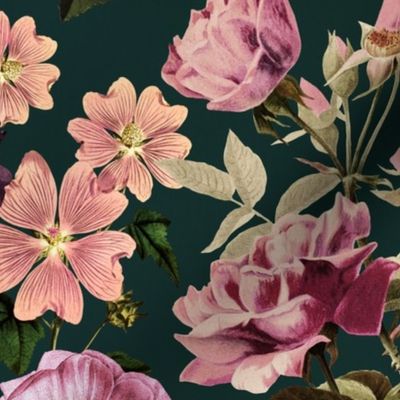 Vintage Spring Night Romanticism: Maximalism Purple Bold Moody Peony Florals - Antiqued  Roses and Peony Nostalgic Gothic  - Antique Botany Wallpaper and Victorian Goth Mystic inspired teal