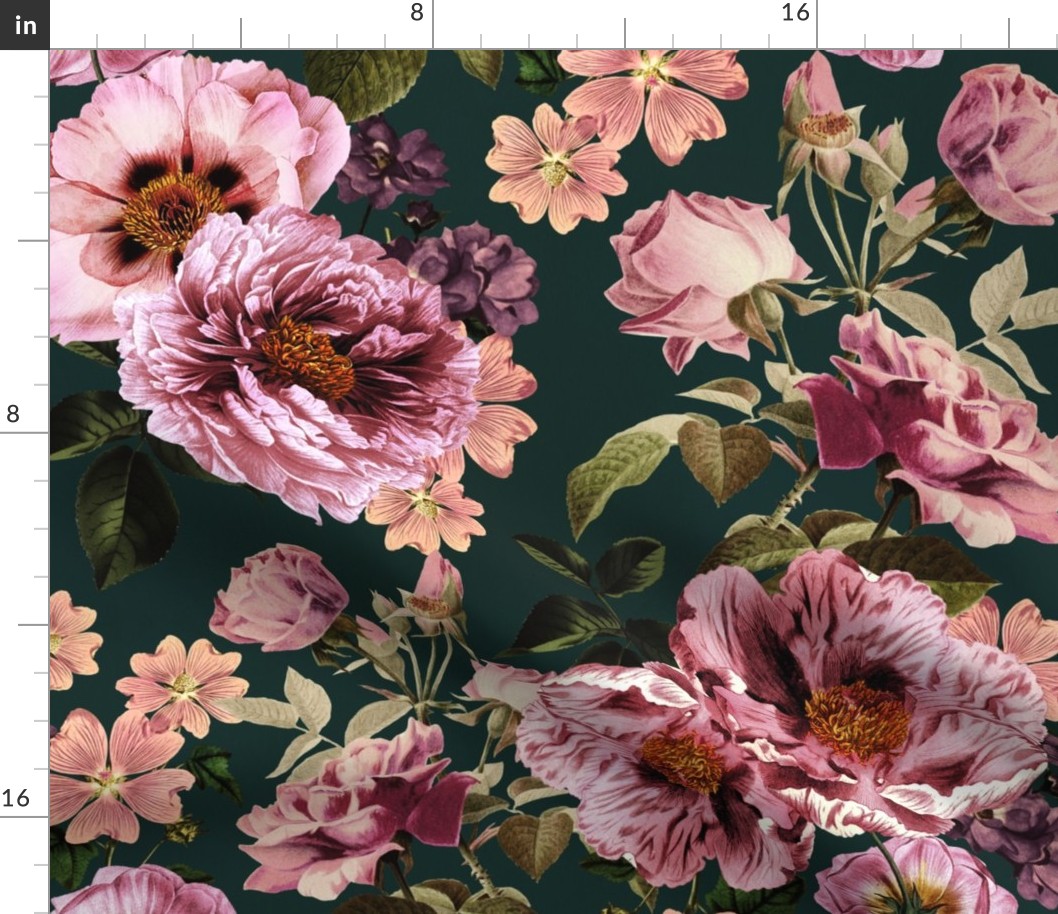 Vintage Spring Night Romanticism: Maximalism Purple Bold Moody Peony Florals - Antiqued  Roses and Peony Nostalgic Gothic  - Antique Botany Wallpaper and Victorian Goth Mystic inspired teal