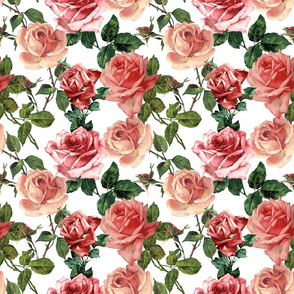 Nostalgic Peach And Red   Roses,Antique Flowers Bouquets, vintage home decor,  English Roses Fabric