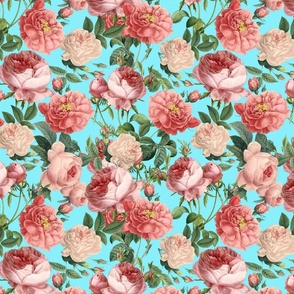 Nostalgic Peach Pierre-Joseph Redouté  Roses,Antique Flowers Bouquets, vintage home decor,  English Roses Fabric on Turquoise