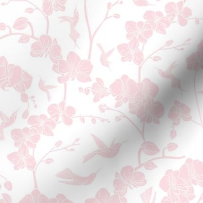 12" Sweet summer pink vintage orchids and hummingbirds fabric, english pink country, pink and white fabric