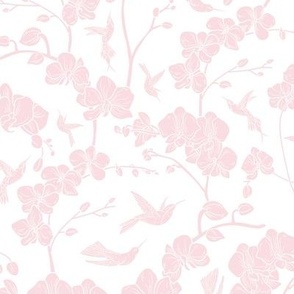 12" Sweet summer pink vintage orchids and hummingbirds fabric, english pink country, pink and white fabric