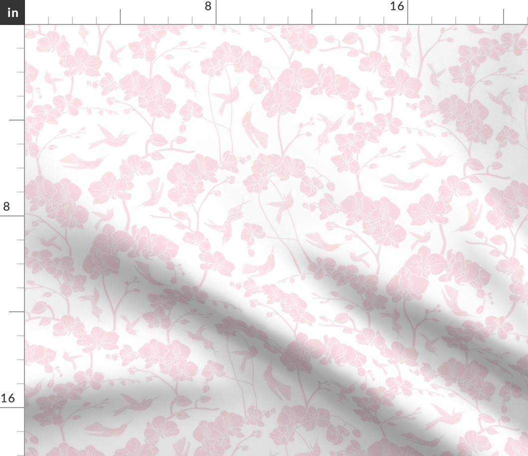 12" Sweet summer pink vintage orchids and hummingbirds fabric, english pink country, pink and white fabric
