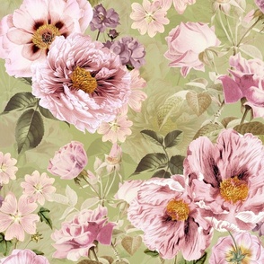 Vintage Spring Night Romanticism: Maximalism Purple Bold Moody Peony Florals - Antiqued  Roses and Peony Nostalgic Gothic  - Antique Botany Wallpaper and Victorian Goth Mystic inspired green