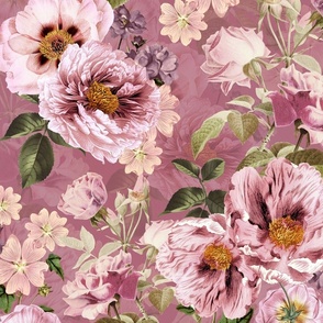 Vintage Spring Night Romanticism: Maximalism Purple Bold Moody Peony Florals - Antiqued  Roses and Peony Nostalgic Gothic  - Antique Botany Wallpaper and Victorian Goth Mystic inspired pink