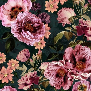 Vintage Spring Night Romanticism: Maximalism Purple Bold Moody Peony Florals - Antiqued  Roses and Peony Nostalgic Gothic  - Antique Botany Wallpaper and Victorian Goth Mystic inspired teal double layer