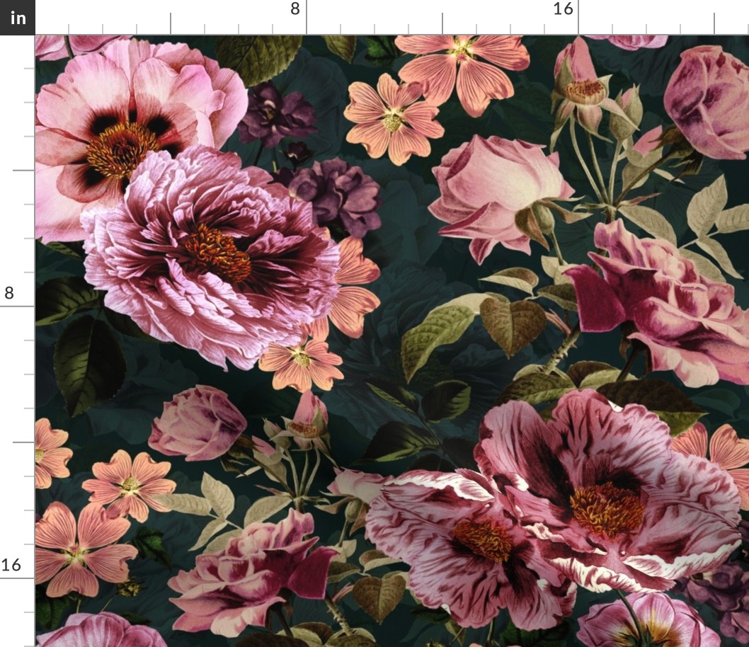 Vintage Spring Night Romanticism: Maximalism Purple Bold Moody Peony Florals - Antiqued  Roses and Peony Nostalgic Gothic  - Antique Botany Wallpaper and Victorian Goth Mystic inspired teal double layer