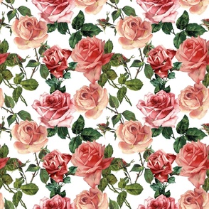 Nostalgic Red Chinoiserie Roses, Antique Flowers Bouquets, vintage home decor,  English Roses Fabric white