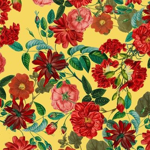 Nostalgic Red Chinoiserie Pierre-Joseph Redouté  Roses, Antique Flowers Bouquets, vintage home decor,  English Roses Fabric on yellow