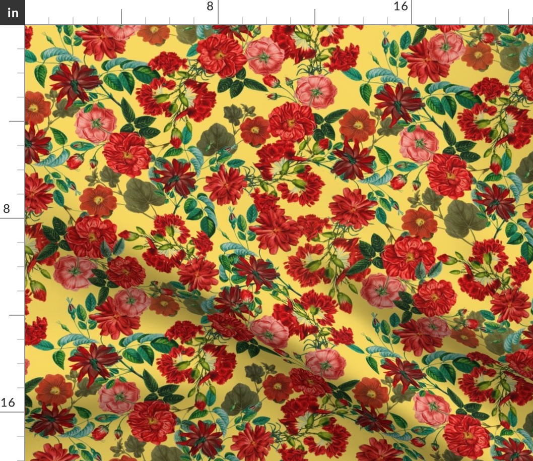 Nostalgic Red Chinoiserie Pierre-Joseph Redouté  Roses, Antique Flowers Bouquets, vintage home decor,  English Roses Fabric on yellow