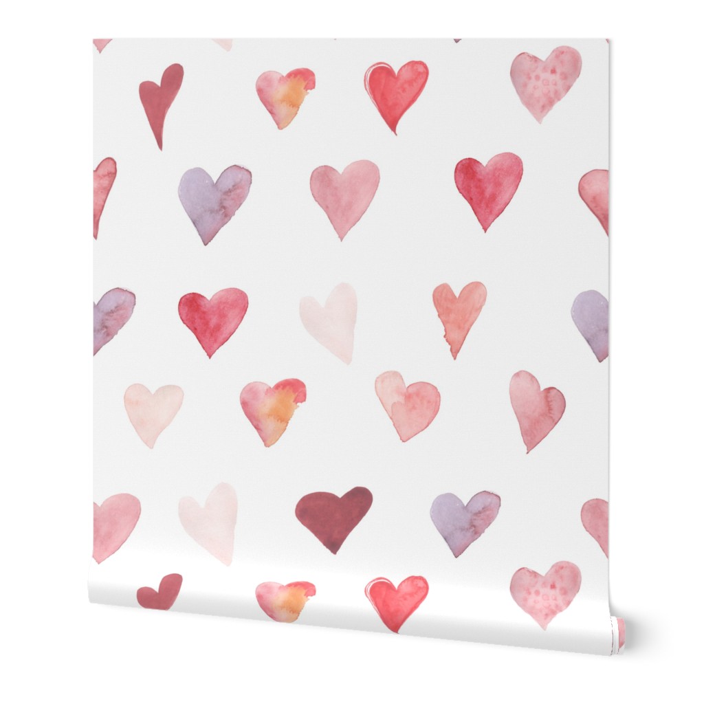 10" Falling hand drawn watercolor hearts on white