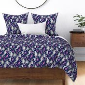 Dinosaurs and Roses on Dark Blue Purple - rotated