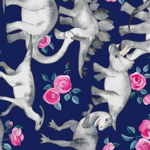 Dinosaurs and Roses on Dark Blue Purple - rotated