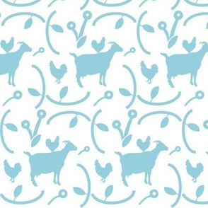 Goats and Hens Light Blue on White, Modern Farmhouse Style