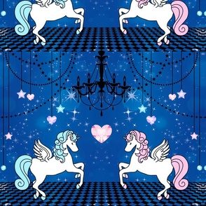 2 Pegasus winged unicorns pegacorns glitter sparkles stars universe galaxy night purple  gems jewels diamonds chandeliers candles ballrooms streamers blue violet pink harlequin floor topaz hearts amethyst crystals bubbles kawaii adorable cute horses pony 