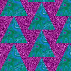 CSMC9  - Large -  Stacks of Marbled Blue and Green IsoscelesTriangles  on Digitally Glittered Purple  aka Stacked Christmas Tree Triangles