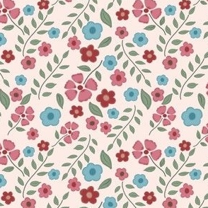 Vintage Pink and Blue Flowers on Cream // 4x4