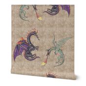 Purple and Green Dragons on Linen Texture