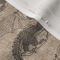 Black Line Dragon on Linen Texture