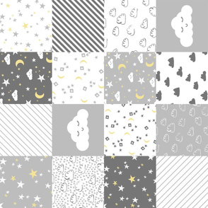 cloud and stars nursery cheater // cheater quilt, wholecloth, baby, grey and white clouds, nursery cute 